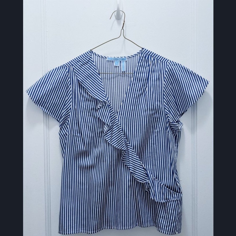Draper James Cascading Ruffle Striped V-Neck Blouse, Size 6
